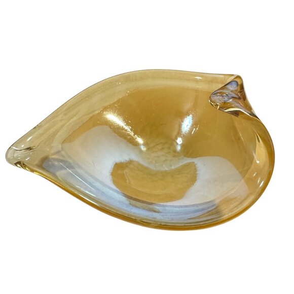 Folded Leaf Hand Blown Amber Honey Art Glass Trinket Bowl or Candy Dish - Picture 4 of 6